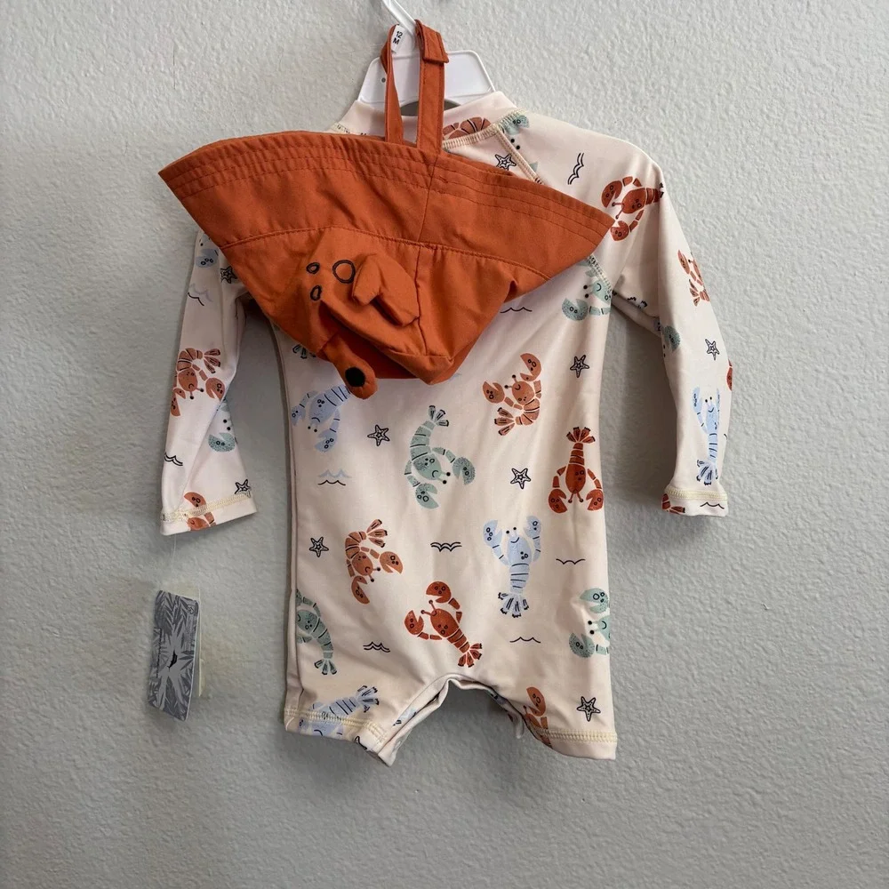 Tommy Bahama Boys 12M Cream Lobster Rash Guard One Piece & Crab Hat Set NWT UPF
